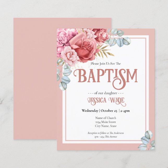 Cartes d'invitation Floral Rose pour Baptême Budge (Devant / Derrière)