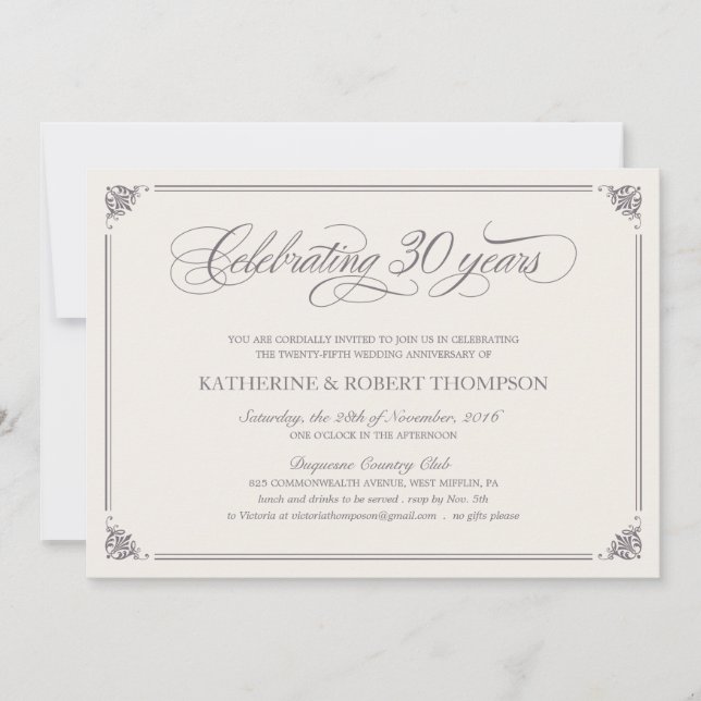 Cartes d'invitation formelles pour les 30 ans (Devant)