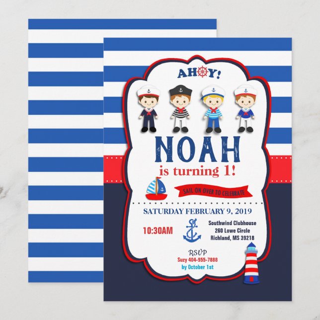 Cartes d'invitation Garçons Marins de la marine (Devant / Derrière)