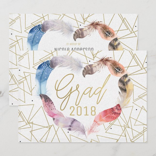 Cartes d'invitation GRADUATION Bohème Plume Coeur (Devant / Derrière)