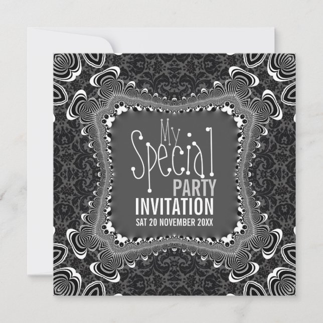 Cartes d'invitation Groovy Damask Twist Noir Blanc (Devant)