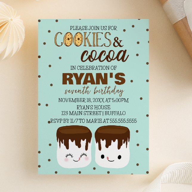 Cartes d'invitation kawaii pour anniversaire avec  (Cookies and Cocoa | Winter Hot Chocolate Themed | Kawaii Marshmallows Birthday Party Invitation)