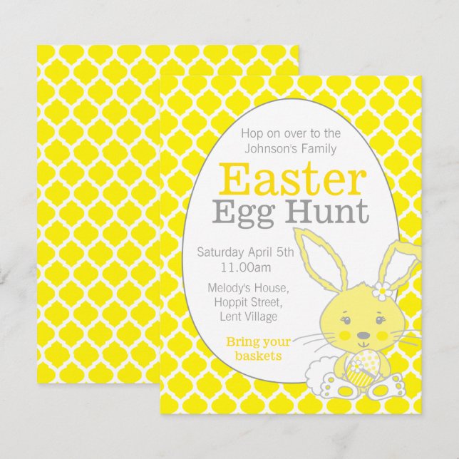 Cartes d'invitation lapin gris jaune pour chasse a (Devant / Derrière)