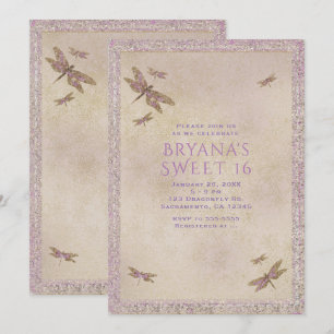 Cartes d'invitation libellules violettes et or