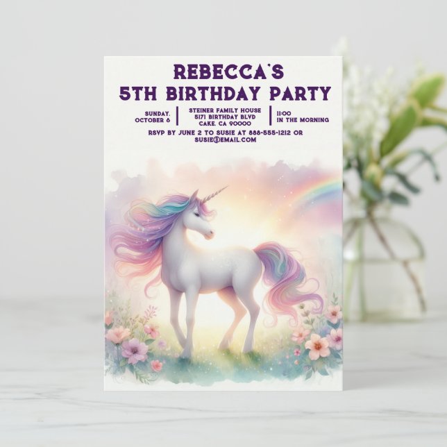 Cartes d'invitation Licorne Arc-en-ciel pour Anniv (Debout devant)