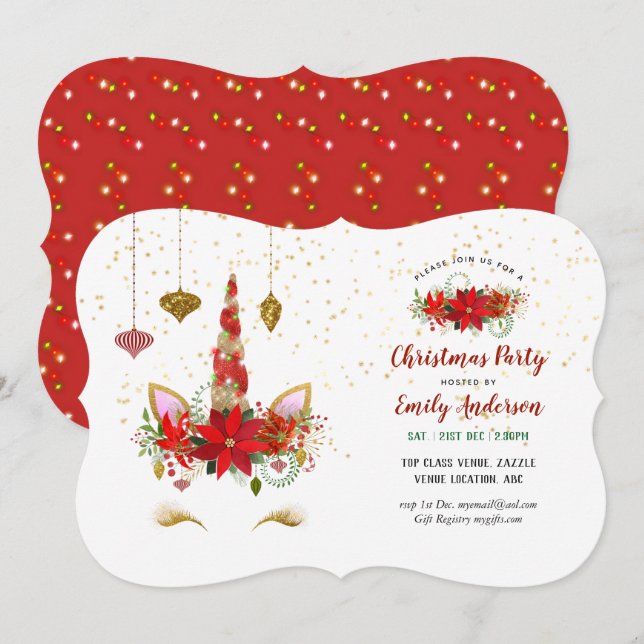 Cartes d'invitation Licorne de Noël pour TOUT ÉVÉN (Devant / Derrière)