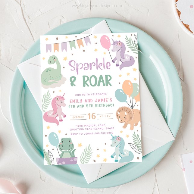 Cartes d'invitation Licorne et Dinosaure. Numériqu (Unicorn and Dinosaur Sparkle and Roar - Joint Birthday Invitation)