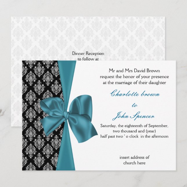 cartes d'invitation mariage damassé en argent aqua (Devant / Derrière)