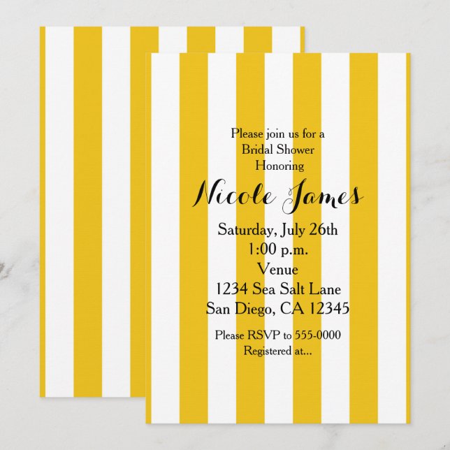 Cartes d'invitation modernes à rayures jaunes et b (Devant / Derrière)