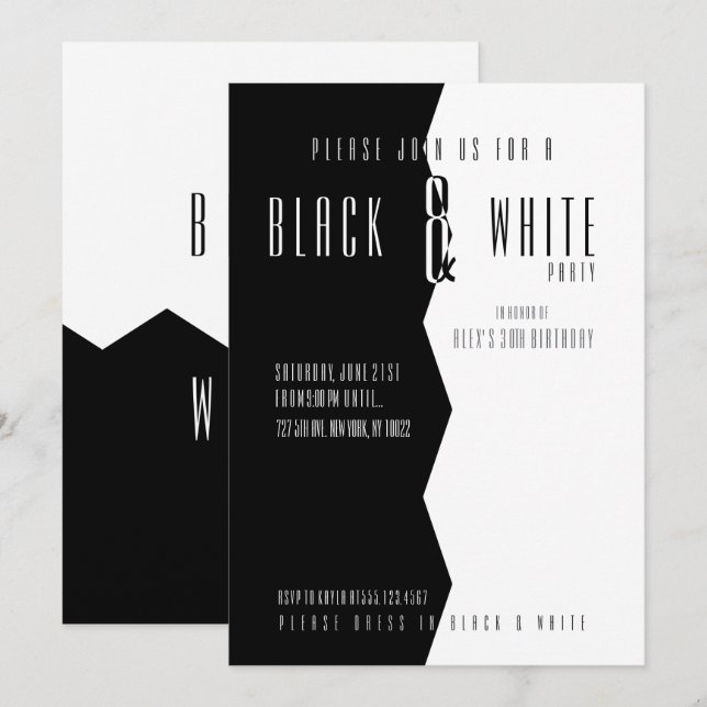 Cartes d'invitation modernes, noir et blanc pour s (Devant / Derrière)