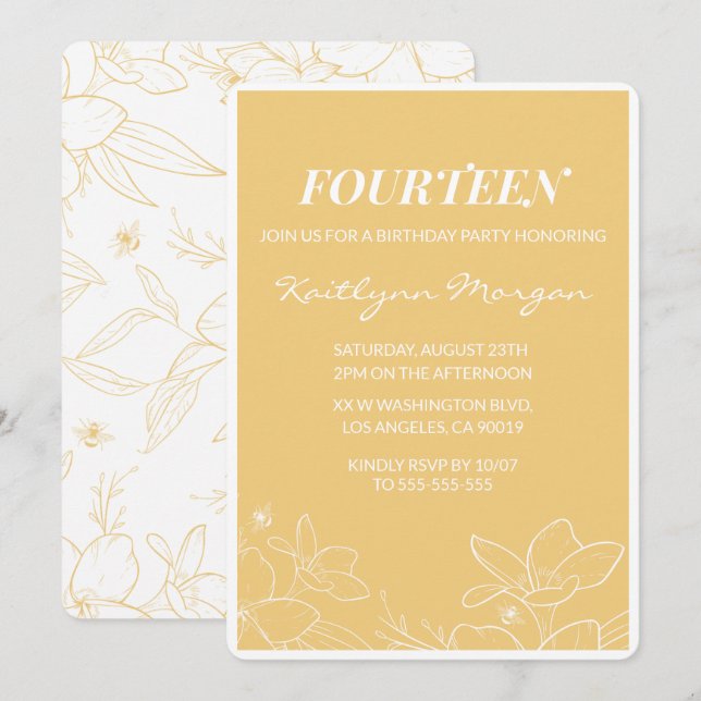 Cartes d'invitation modernes pour 14 ans Floral Ja (Devant / Derrière)