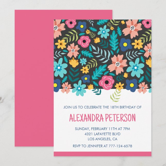 Cartes d'invitation modernes pour 18 ans à motif f (Devant / Derrière)