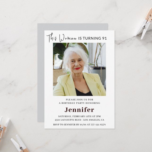 Cartes d'invitation modernes pour ses 91 ans avec  (Devant/Arrière en situation)