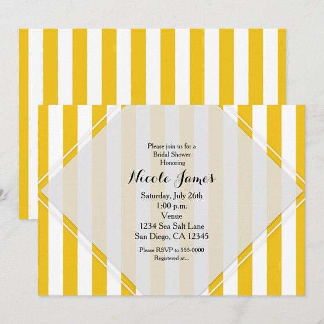 Cartes d'invitation modernes rayées jaune et blanc (Devant / Derrière)