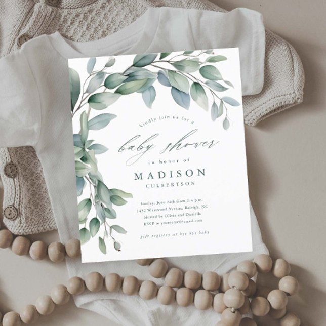Cartes d'invitation neutres pour bébé au thème d'e (Budget Eucalyptus Greenery Leaves Baby Shower Invitations.)