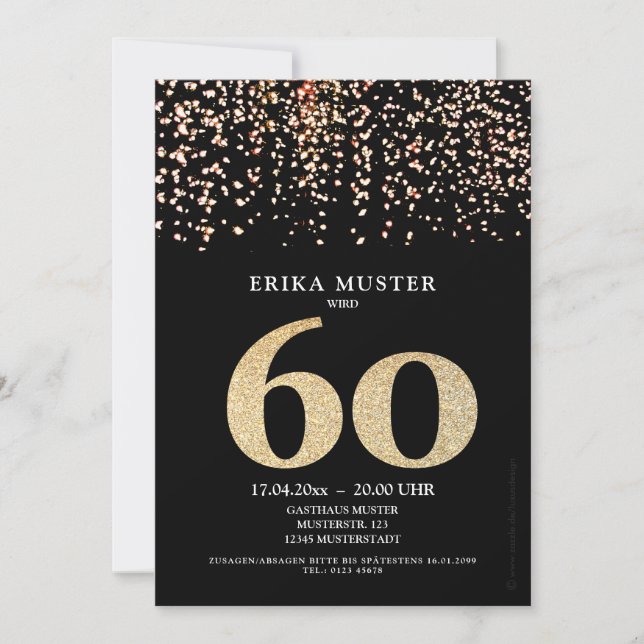 Cartes d'invitation noires à l'or pour 60 ans (Devant)
