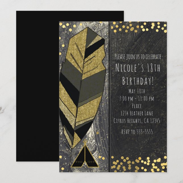 Cartes d'invitation noires et or à plume et tipi d (Devant / Derrière)