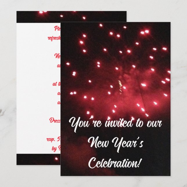 Cartes d'invitation Nouvel An Feux d'Artifice Roug (Devant / Derrière)