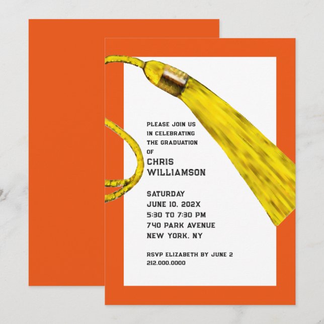 Cartes d'invitation orange pour fête de fin d'étud (Devant / Derrière)