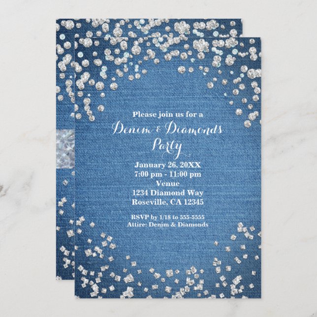 Cartes d'invitation pailletées Glam Denim & Diamon (Devant / Derrière)