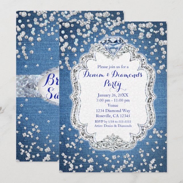 Cartes d'invitation paillets éparpillés Glam Denim (Devant / Derrière)