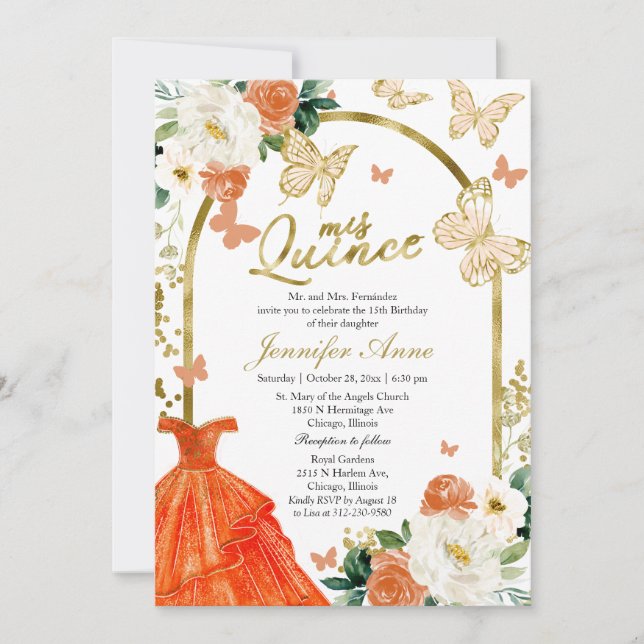Cartes d'invitation Papillon Coing Orange Robe Flo (Devant)