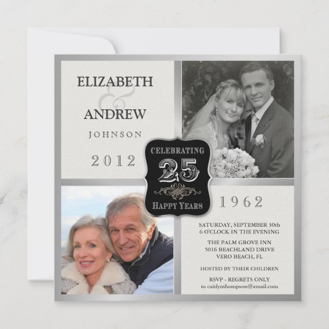 Cartes d'invitation photo élégantes pour les 25 an (Devant)