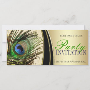Cartes d'invitation plume de paon satin doré éléga