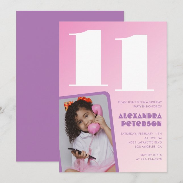 Cartes d'invitation pour 11ème anniversaire fille  (Devant / Derrière)