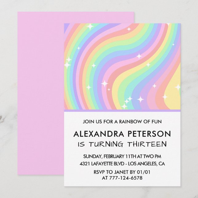 Cartes d'invitation pour 13 ans arc-en-ciel Pastel (Devant / Derrière)