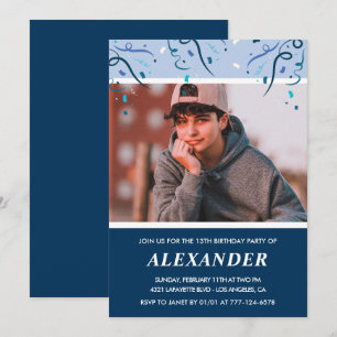 Cartes d'invitation pour 13 ans avec photo Bleu ma