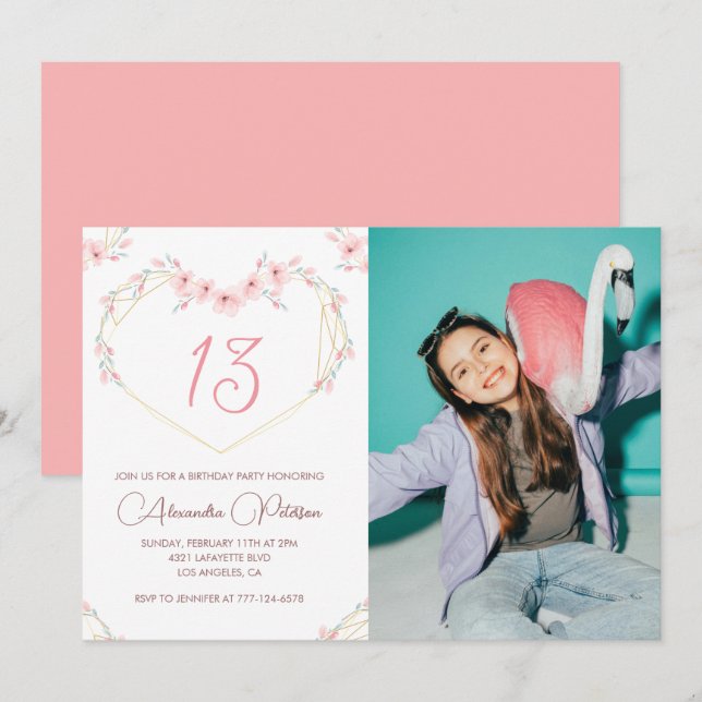 Cartes d'invitation pour 13 ans Bohème Fleur Photo (Devant / Derrière)
