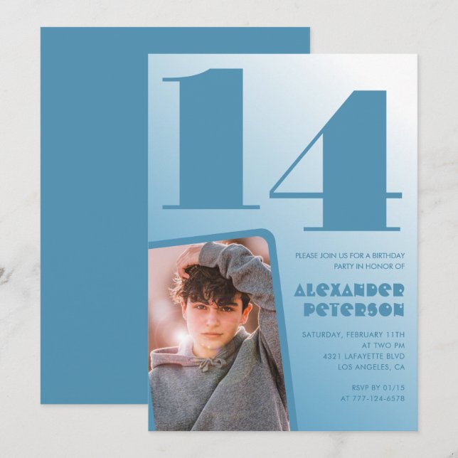Cartes d'invitation pour 14 ans avec dégradé bleu  (Devant / Derrière)