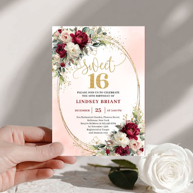 Cartes d'invitation pour 16 ans Glam Boho Merlot G (Glam Boho Merlot Gold Floral 16th Birthday Invitation)