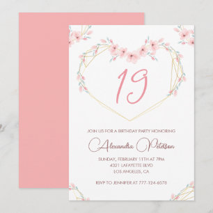 Cartes d'invitation pour 19 ans Bohème Floral Rose