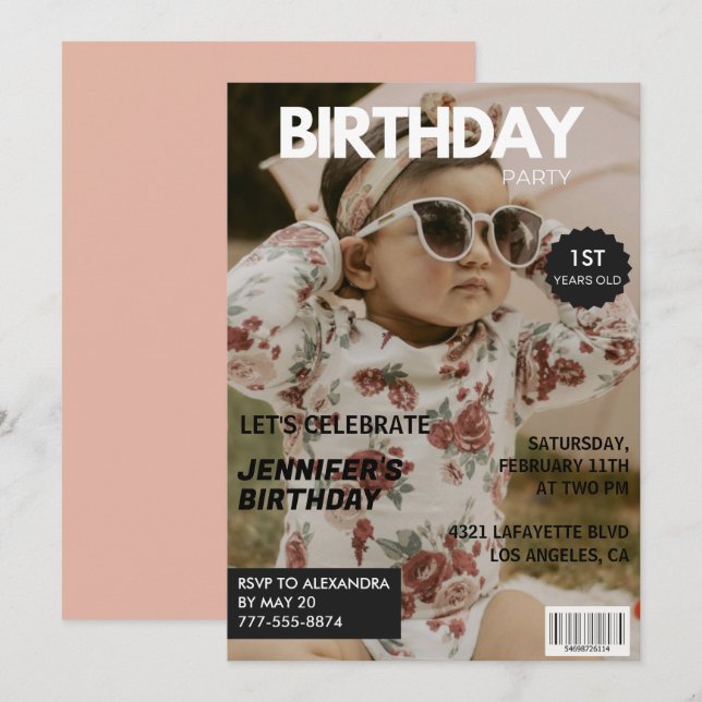 Cartes d'invitation pour 1er anniversaire Fille Co (Devant / Derrière)