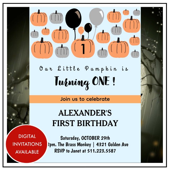 Cartes d'invitation pour 1er anniversaire Hallowee (halloween-1st-birthday-invitations-autumn-pumpkins-1)