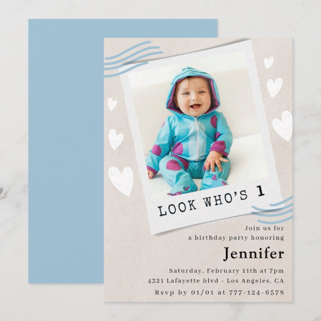 Cartes d'invitation pour 1er anniversaire : Regard (Devant / Derrière)