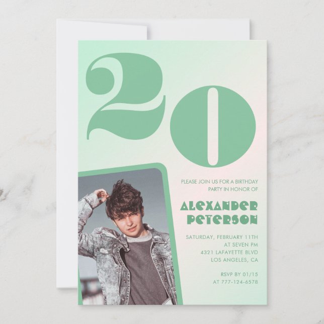 Cartes d'invitation pour 20 ans avec un garçon et  (Devant)