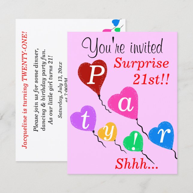 Cartes d'invitation pour 21 ans avec ballons en fo (Devant / Derrière)