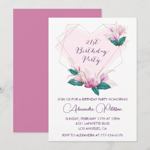 Cartes d'invitation pour 21 ans Élégant Boho rose