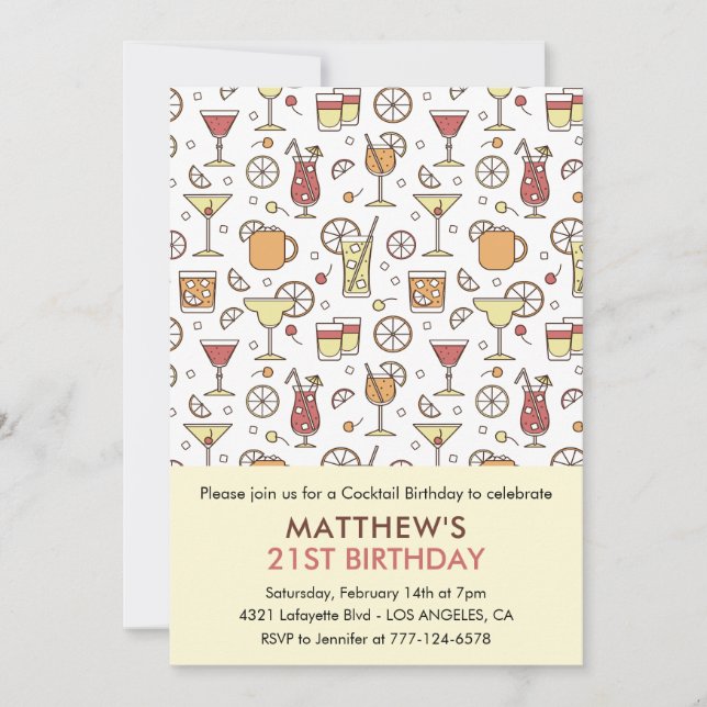 Cartes d'invitation pour 21 ans motif cocktail (Devant)