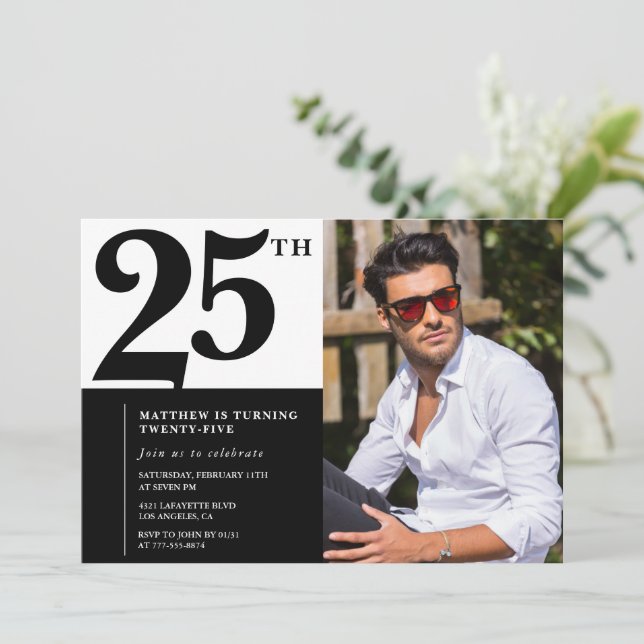 Cartes d'invitation pour 25 ans noir blanc photo (Debout devant)