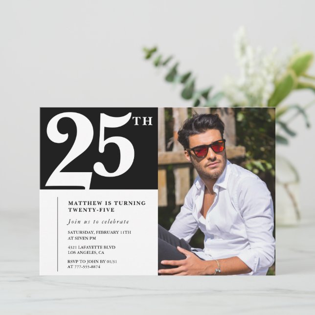 Cartes d'invitation pour 25 ans noir blanc photo (Debout devant)