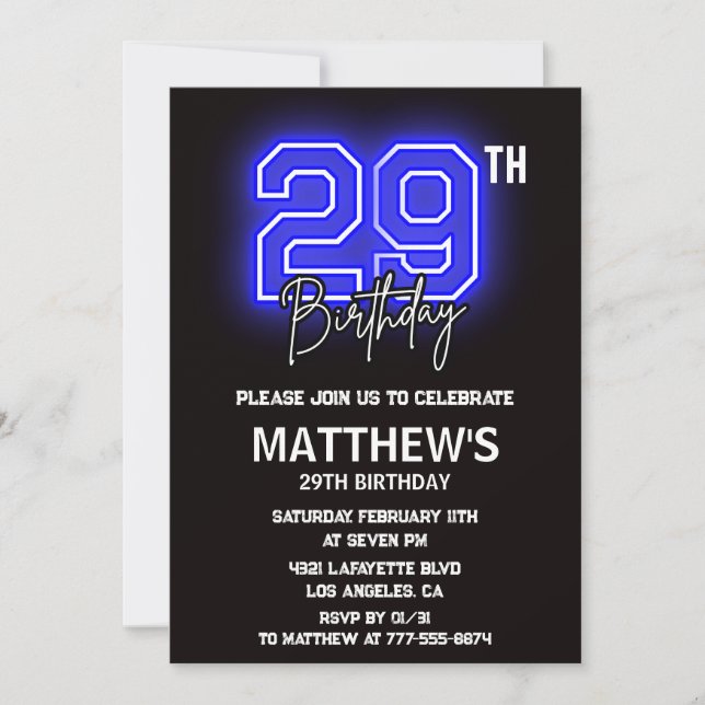 Cartes d'invitation pour 29e anniversaire Neon Bla (Devant)
