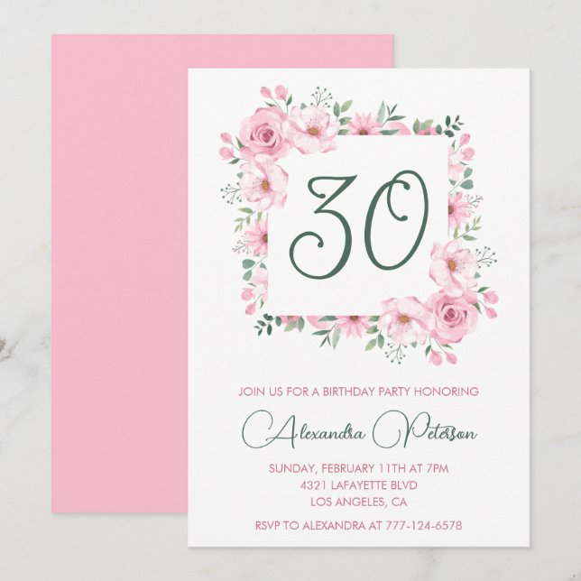 Cartes d'invitation pour 30 ans Floral Élégant Ros (Devant / Derrière)
