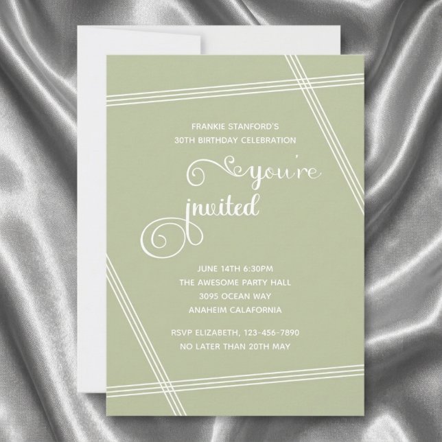 Cartes d'invitation pour 30e anniversaire simples  (Sage Green 30th birthday invitation. Grey silk background.)