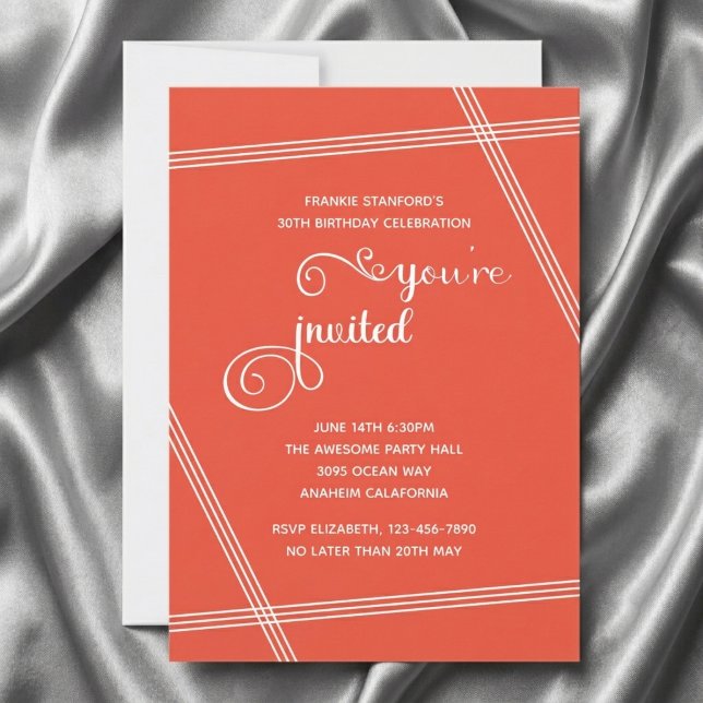 Cartes d'invitation pour 30e anniversaire simples  (30th birthday invite in orange. Grey silk background.)