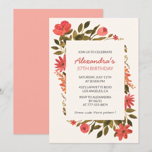Cartes d'invitation pour 37e anniversaire Floral B (Devant / Derrière)