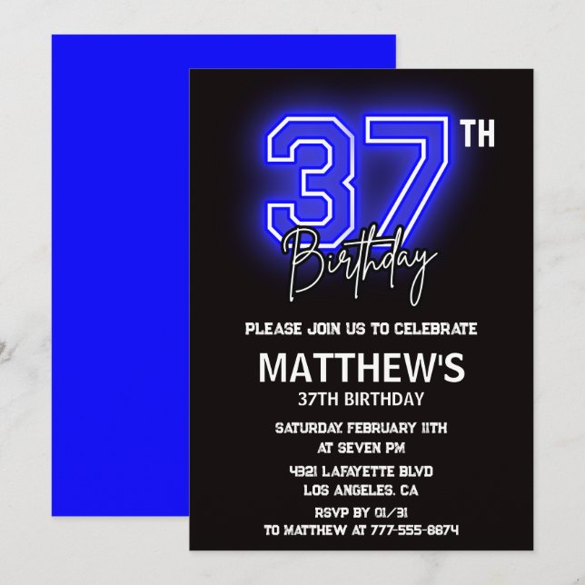 Cartes d'invitation pour 37e anniversaire Noir Néo (Devant / Derrière)